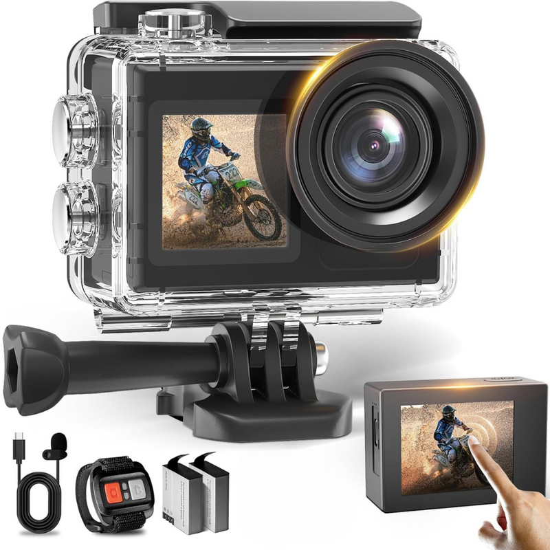 Camera Video Sport WiFi, cu Telecomanda, Rezolutie 5K/30FPS/24MP, Ecran LCD HD 2.0”, Unghi Reglabil 170°, Rezistenta la Apa 40M, Stabilizare Imagine EIS, Microfon, Zoom, Time Lapse, Slow Motion, Accesorii de Prindere, 2 Baterii 1350 mAh, Negru