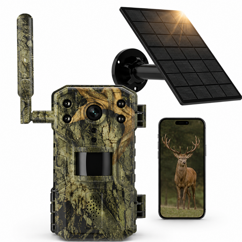 Camera de Vanatoare cu Panou Solar, 4MP HD, 4G, Viziune Nocturna cu LED Infrarosu, Rezistenta la Apa IP65, Senzor Miscare, Slot SIM, Slot Stocare Card, Aplicatie Mobila, Camera Supraveghere pentru Vanatoare, Observatie Fauna, Securitate, Camuflaj