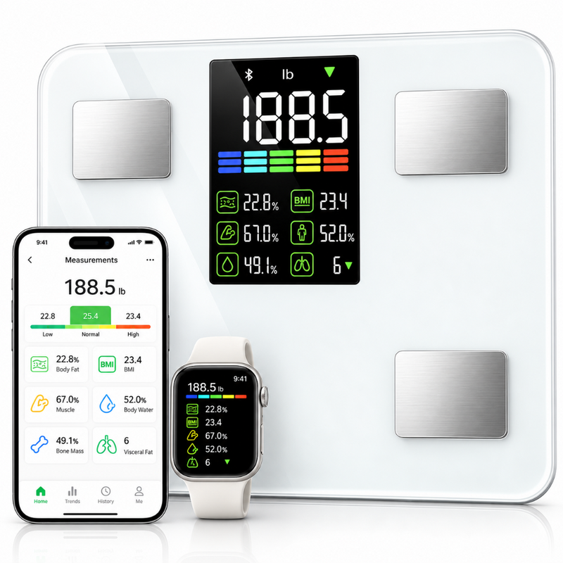 Cantar Corporal Inteligent, Ecran Digital, Conexiune Bluetooth, 8 Senzori de Analiza, Masa Musculara, Grasime Corporala, Aplicatie Mobila, Greutate Maxima 266kg, Sticla Securizata, 3 Baterii AAA Incluse, Alb