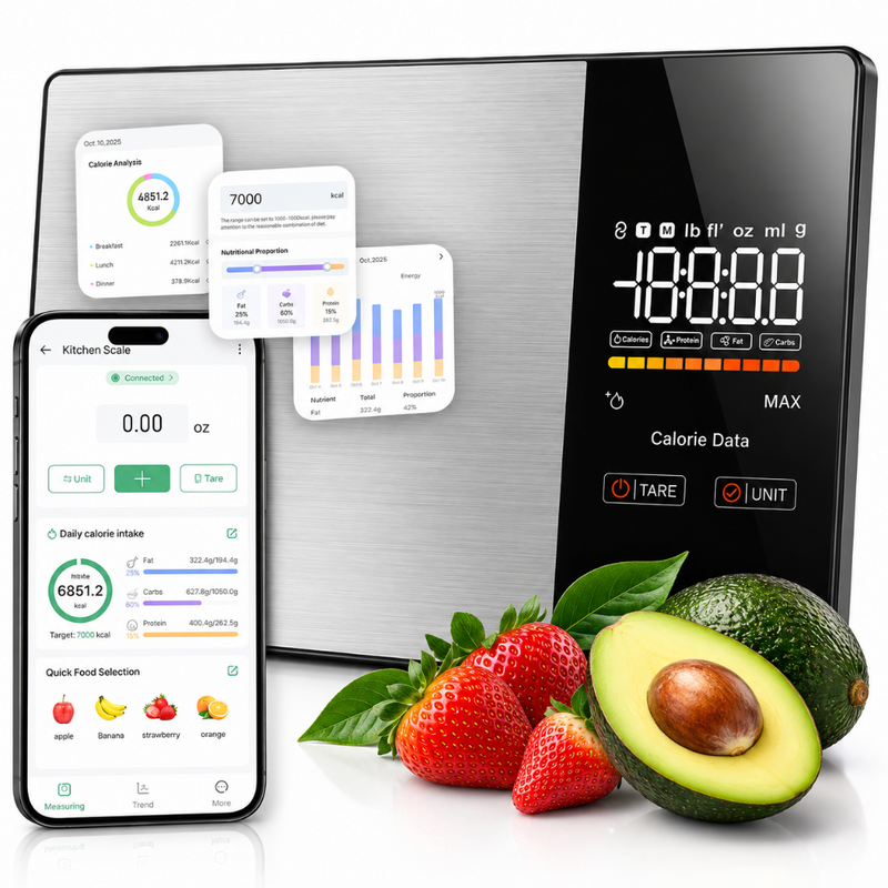 Cantar de Bucatarie Inteligent, Control prin Aplicatie IOS/Android, Indici Nutritionali, Calculator Calorii, Alimentatie Sanatoasa, Bluetooth, Ecran LCD, Oprire Automata, Precizie 1g, Max. 5 KG, Otel Inoxidabil, Argintiu/Negru
