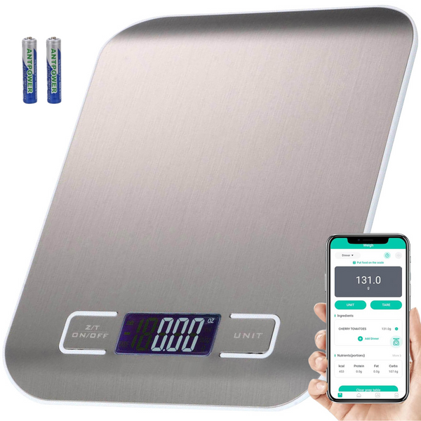 Cantar de Bucatarie Inteligent, Control prin Aplicatie IOS/Android, Indici Nutritionali, Calculator Calorii, Alimentatie Sanatoasa, Ecran LCD, Oprire Automata, Precizie 1g, Max. 5 KG, 2 Baterii Incluse, Argintiu