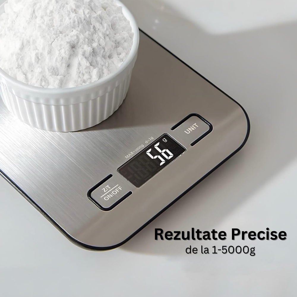 Cantar de Bucatarie Inteligent, Control prin Aplicatie IOS/Android, Indici Nutritionali, Calculator Calorii, Alimentatie Sanatoasa, Ecran LCD, Oprire Automata, Precizie 1g, Max. 5 KG, 2 Baterii Incluse, Argintiu