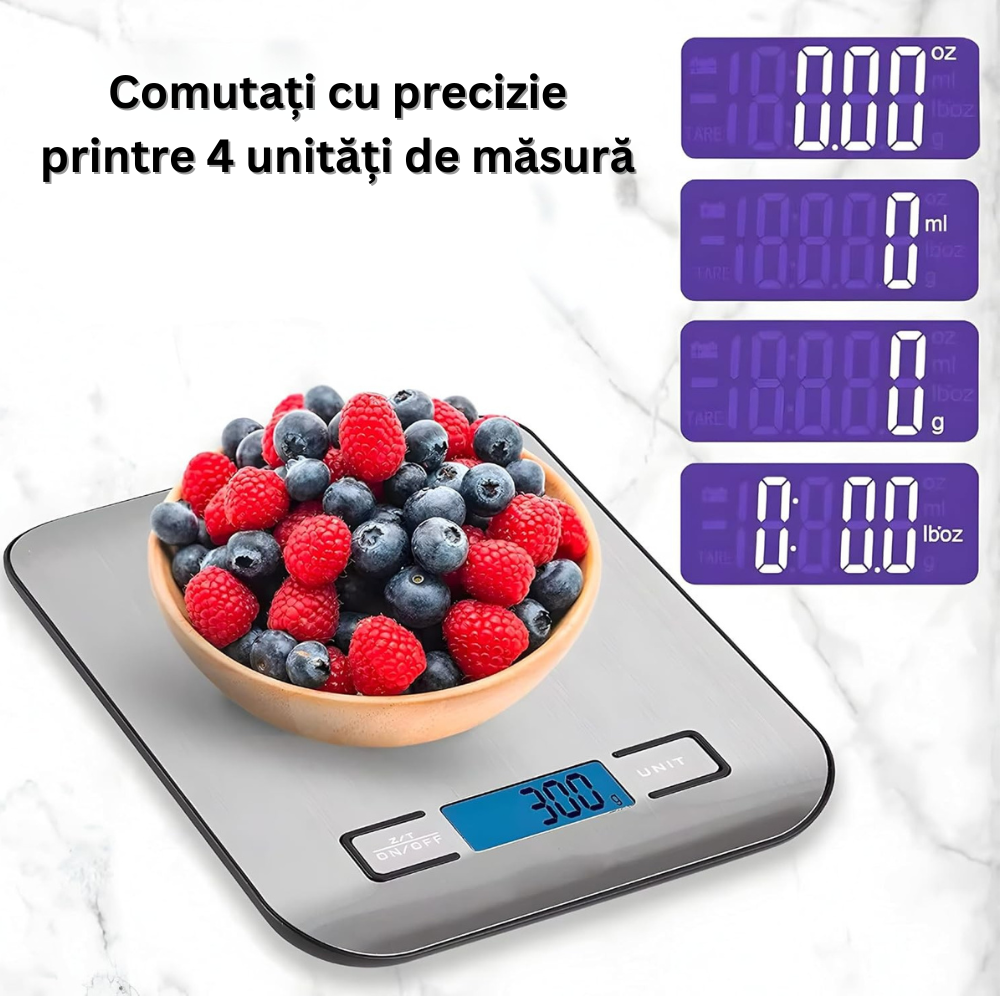 Cantar de Bucatarie Inteligent, Control prin Aplicatie IOS/Android, Indici Nutritionali, Calculator Calorii, Alimentatie Sanatoasa, Ecran LCD, Oprire Automata, Precizie 1g, Max. 5 KG, 2 Baterii Incluse, Argintiu