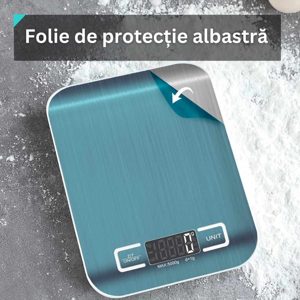 Cantar de Bucatarie Inteligent, Control prin Aplicatie IOS/Android, Indici Nutritionali, Calculator Calorii, Alimentatie Sanatoasa, Ecran LCD, Oprire Automata, Precizie 1g, Max. 5 KG, 2 Baterii Incluse, Argintiu