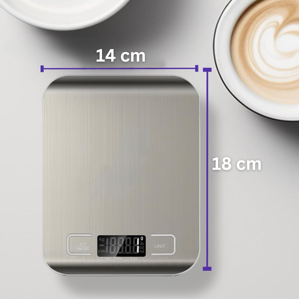 Cantar de Bucatarie Inteligent, Control prin Aplicatie IOS/Android, Indici Nutritionali, Calculator Calorii, Alimentatie Sanatoasa, Ecran LCD, Oprire Automata, Precizie 1g, Max. 5 KG, 2 Baterii Incluse, Argintiu