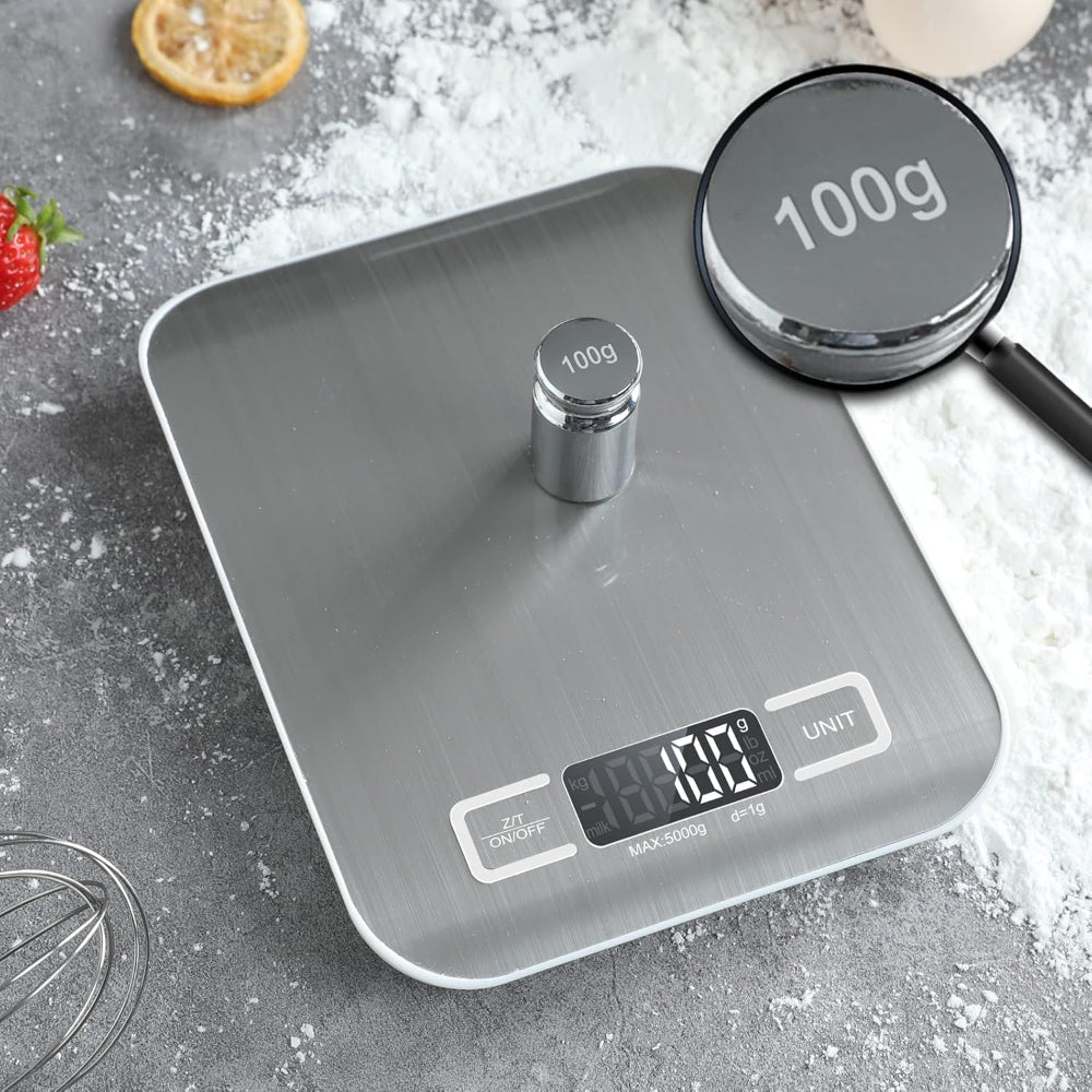 Cantar de Bucatarie Inteligent, Control prin Aplicatie IOS/Android, Indici Nutritionali, Calculator Calorii, Alimentatie Sanatoasa, Ecran LCD, Oprire Automata, Precizie 1g, Max. 5 KG, 2 Baterii Incluse, Argintiu