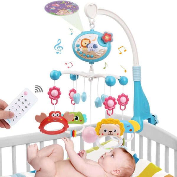 Carusel Muzical Patut Bebelusi, Control prin Telecomanda, Proiector cu Lumini, 4 Jucarii Detasabile, Rotire 360°, 40 Cantece de Leagan/Melodii Calmante, Functie Timmer, Volum Reglabil, Somn Linistit, Fixare, Multicolor