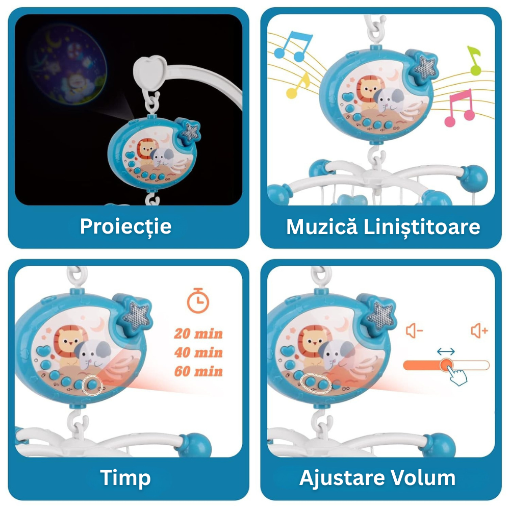 Carusel Muzical Patut Bebelusi, Control prin Telecomanda, Proiector cu Lumini, 4 Jucarii Detasabile, Rotire 360°, 40 Cantece de Leagan/Melodii Calmante, Functie Timmer, Volum Reglabil, Somn Linistit, Fixare, Multicolor