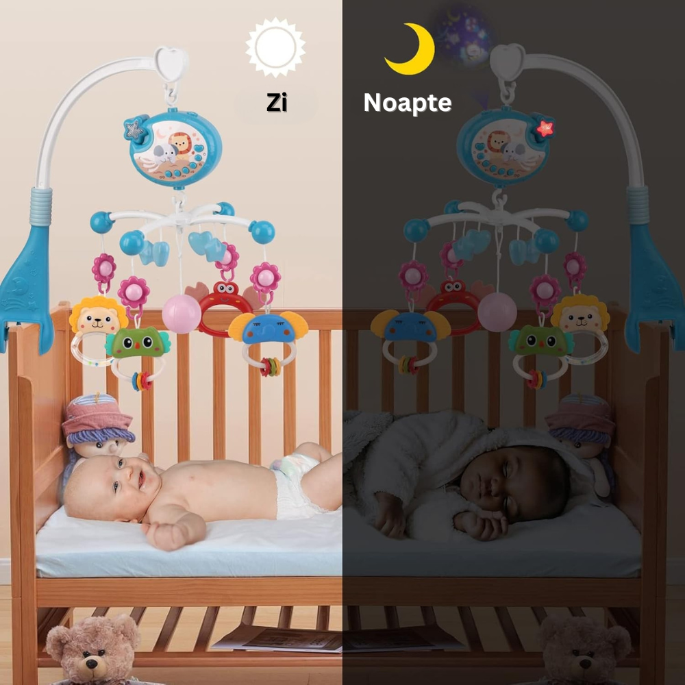Carusel Muzical Patut Bebelusi, Control prin Telecomanda, Proiector cu Lumini, 4 Jucarii Detasabile, Rotire 360°, 40 Cantece de Leagan/Melodii Calmante, Functie Timmer, Volum Reglabil, Somn Linistit, Fixare, Multicolor