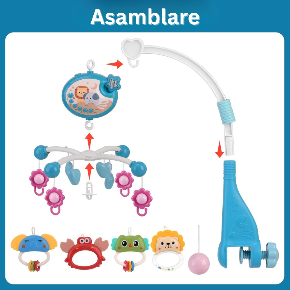 Carusel Muzical Patut Bebelusi, Control prin Telecomanda, Proiector cu Lumini, 4 Jucarii Detasabile, Rotire 360°, 40 Cantece de Leagan/Melodii Calmante, Functie Timmer, Volum Reglabil, Somn Linistit, Fixare, Multicolor