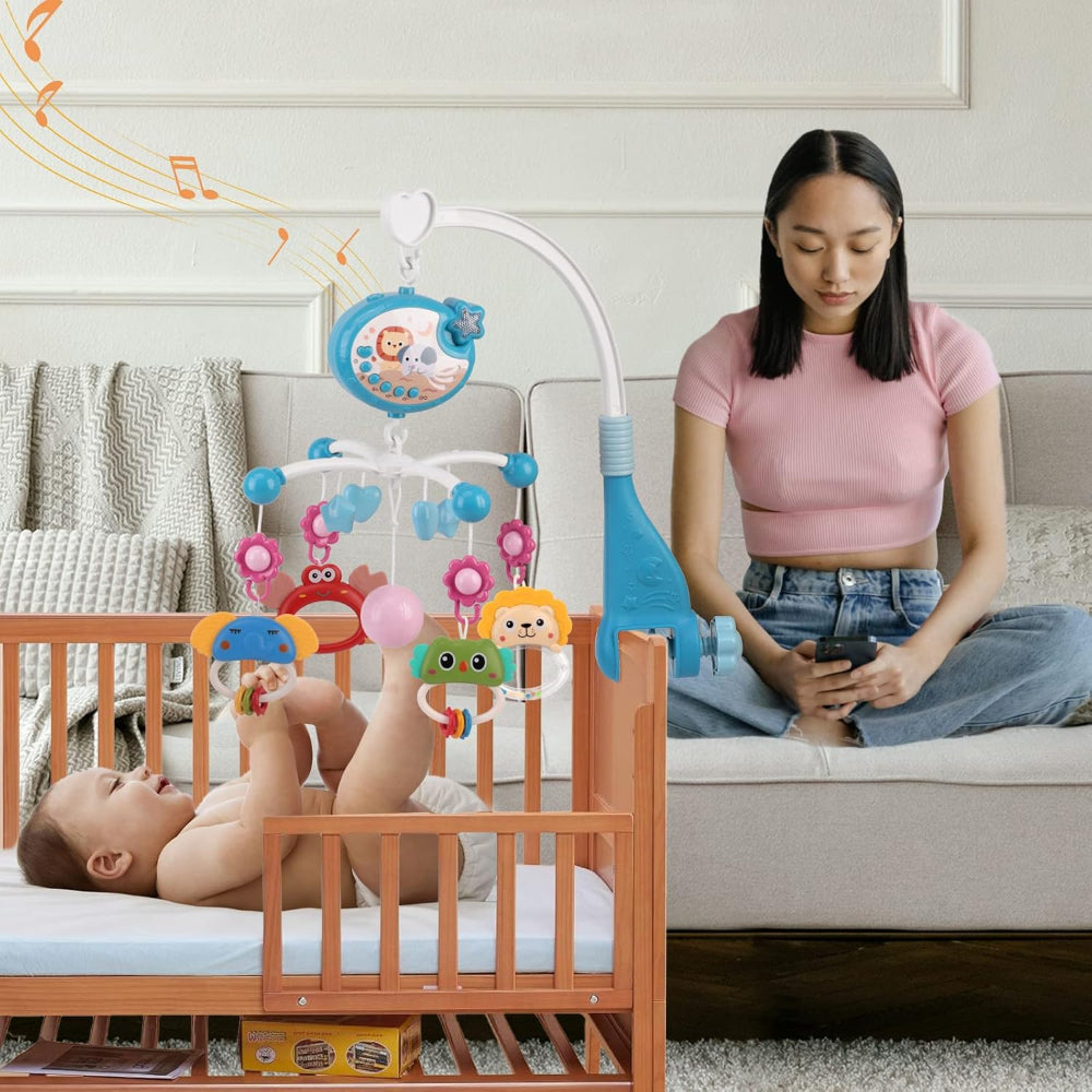 Carusel Muzical Patut Bebelusi, Control prin Telecomanda, Proiector cu Lumini, 4 Jucarii Detasabile, Rotire 360°, 40 Cantece de Leagan/Melodii Calmante, Functie Timmer, Volum Reglabil, Somn Linistit, Fixare, Multicolor