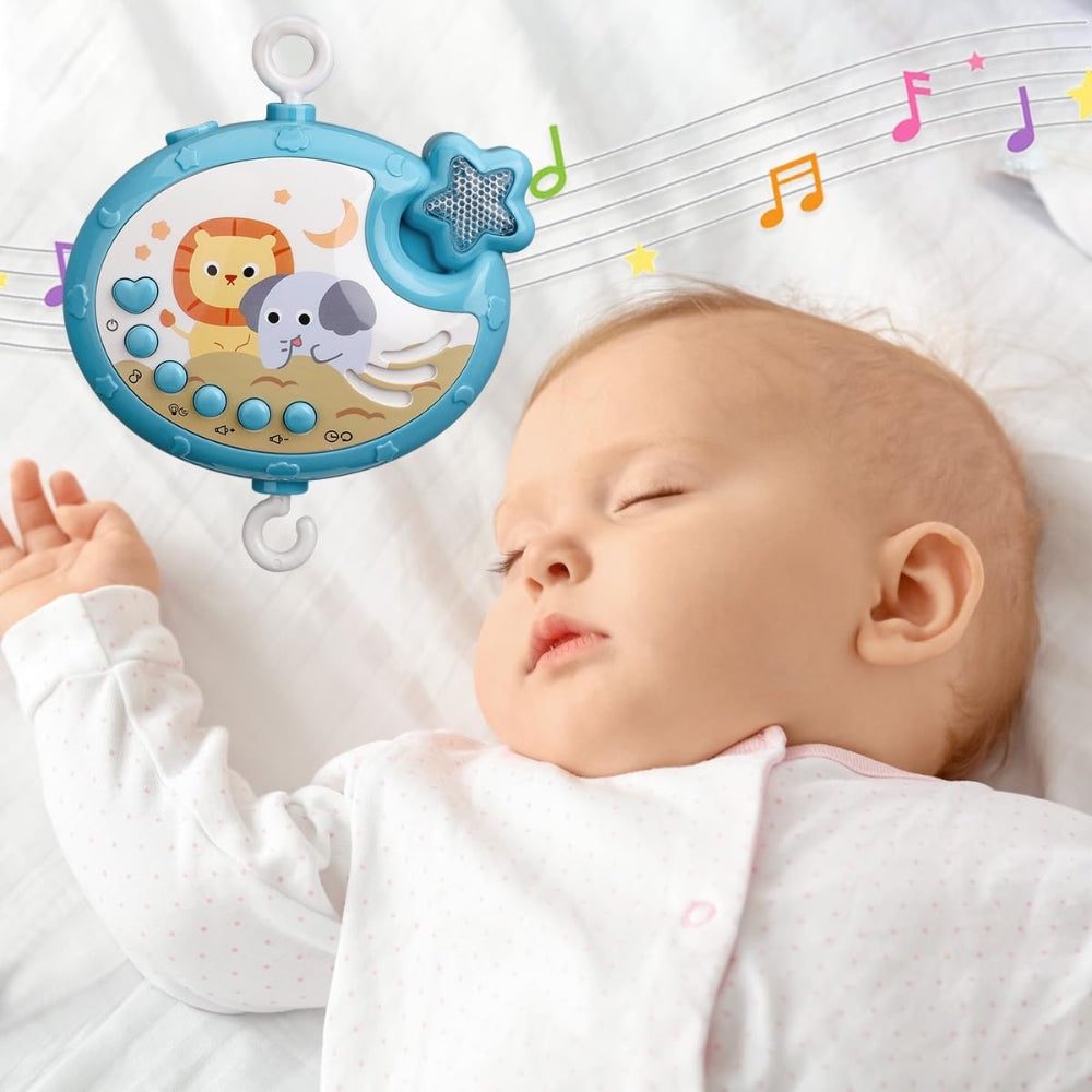 Carusel Muzical Patut Bebelusi, Control prin Telecomanda, Proiector cu Lumini, 4 Jucarii Detasabile, Rotire 360°, 40 Cantece de Leagan/Melodii Calmante, Functie Timmer, Volum Reglabil, Somn Linistit, Fixare, Multicolor