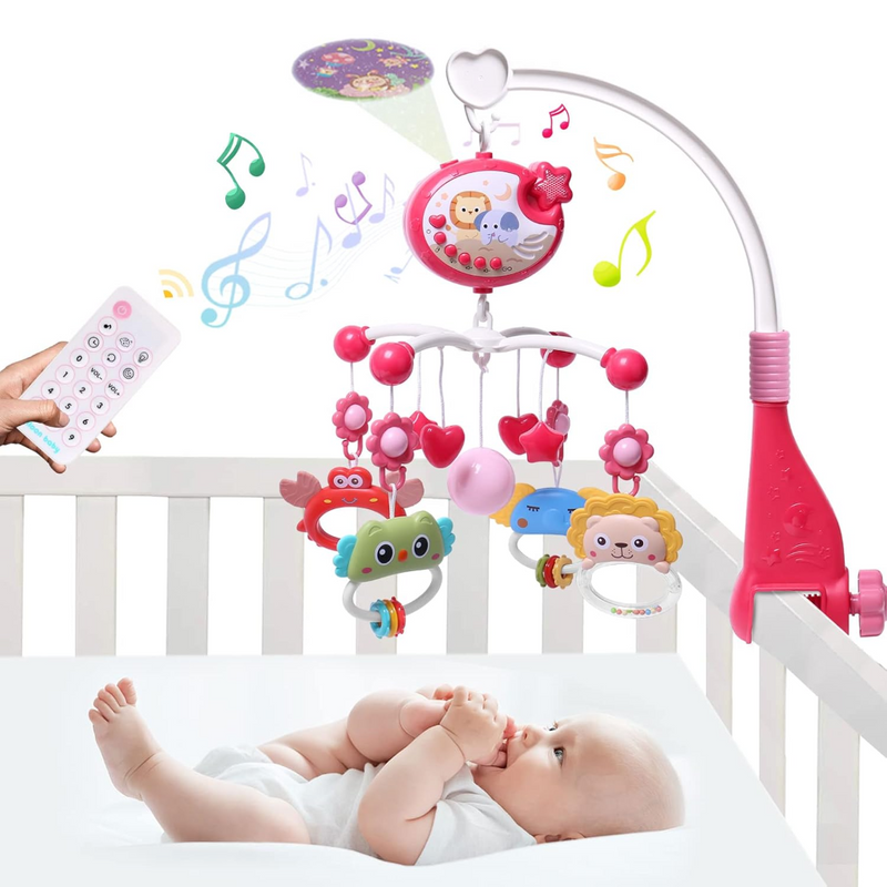 Carusel Muzical Patut Bebelusi, Control prin Telecomanda, Proiector cu Lumini, 4 Jucarii Detasabile, Rotire 360°, 40 Cantece de Leagan/Melodii Calmante, Functie Timmer, Volum Reglabil, Somn Linistit, Fixare, Roz