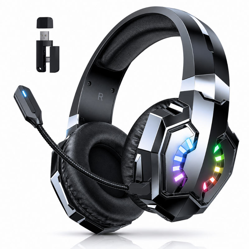 Casti Gaming cu Microfon Wireless, Bluetooth 5.4, Over the Ear, Sunet Surround, Iluminare LED RGB, Reducere Zgomot Fundal, Rotativ 360°, Compatibil Windows, MacOS, PS4, PS5, Xbox, Nintendo Switch, Reglabile, Negru