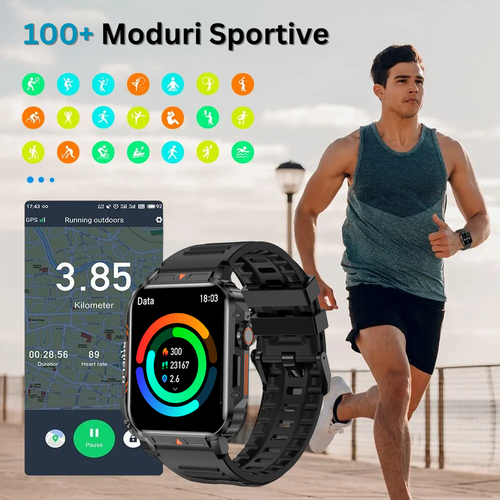 Ceas Smartwatch, Ecran 1.95" HD, Inteligent, Fitness, Sport, Rezistent Apa IP68, Smart, Notificari, Wireless, Apel Bluetooth 5.2, Monitorizare Somn, Pasi, Ritm Cardiac, Nivel Oxigen, Tensiunea Arteriala, Cablu USB Magnetic Inclus, Negru