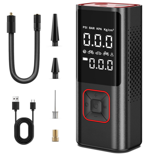 Compresor Auto Portabil, Wireless, Afisaj Digital, Functie Manometru, Baterie Externa, Lanterna LED, 150 PSI, 6000mAh, pentru Masina, Bicicleta, Motocicleta, Saltea, Minge, 4 Capete de Umflare, Cablu USB Type-C, Saculet Transport Inclus, Negru