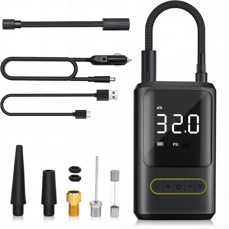 Compresor Auto Portabil, Wireless, Afisaj Digital, Functie Manometru, Baterie Externa, Lanterna LED, 150 PSI/10 BAR, 4000mAh, pentru Masina, Bicicleta, Motocicleta, Saltea, Minge, 5 Capete de Umflare, Cablu USB Type-C, Negru