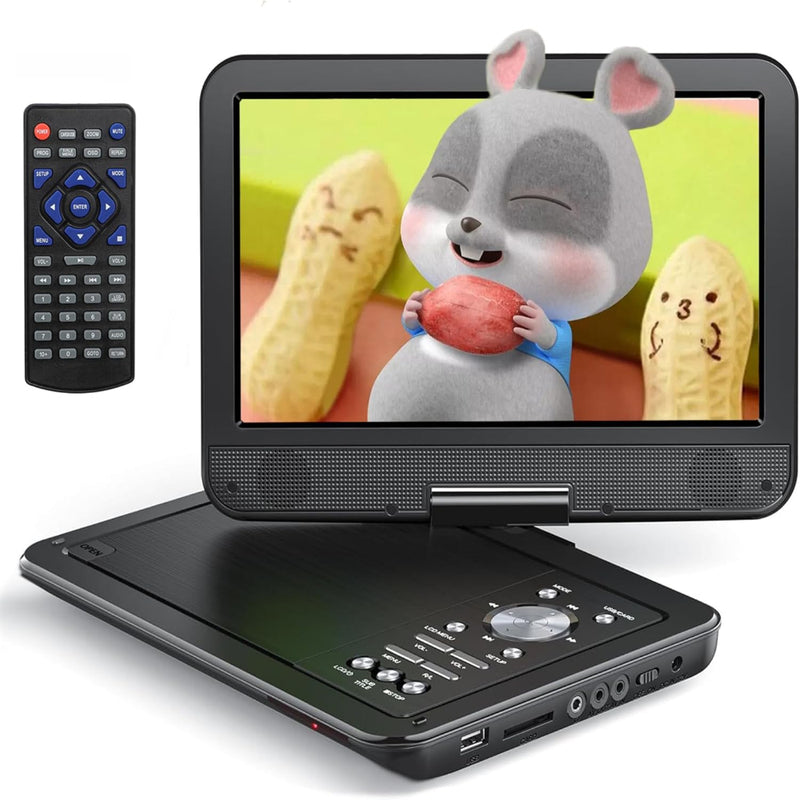 DVD Player Portabil cu Telecomanda, Ecran HD 10.5 inch, Rezolutie 1024 x 600, Rotativ 270°, Functie de Memorie, Conexiune Multipla, Difuzoare Duble, Volum Reglabil, CD, USB, Card SD, AV, Jack 3.5mm, Incarcator Auto, Negru