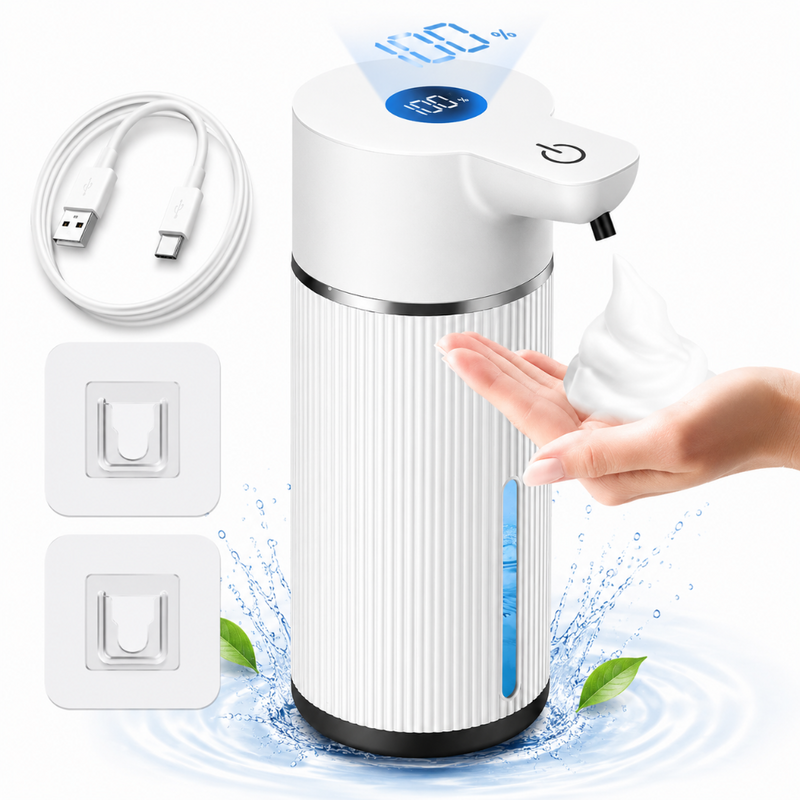 Dozator Automat de Sapun Tip Spuma, 4 Niveluri de Dozare, Afisaj Digital LED, Senzor de Miscare, Capacitate 420ml, Rezistent la Apa IPX5, Montaj pe Perete, pentru Bucatarie, Baie, Hotel sau Birou, Cablu USB Type-C, Alb