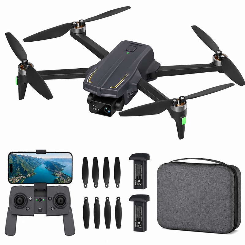 Drona cu Telecomanda, Camera 4K, 13MP, WiFi 5G, GPS, Retur Automat, Pozitionare in Flux Optic, Follow Me, Waypoint, Autonomie 50 min, Pliabila, Aplicatie Telefon Mobil, Incarcare USB, 2 Baterii Incluse, Geanta de Transport, Negru/Gri
