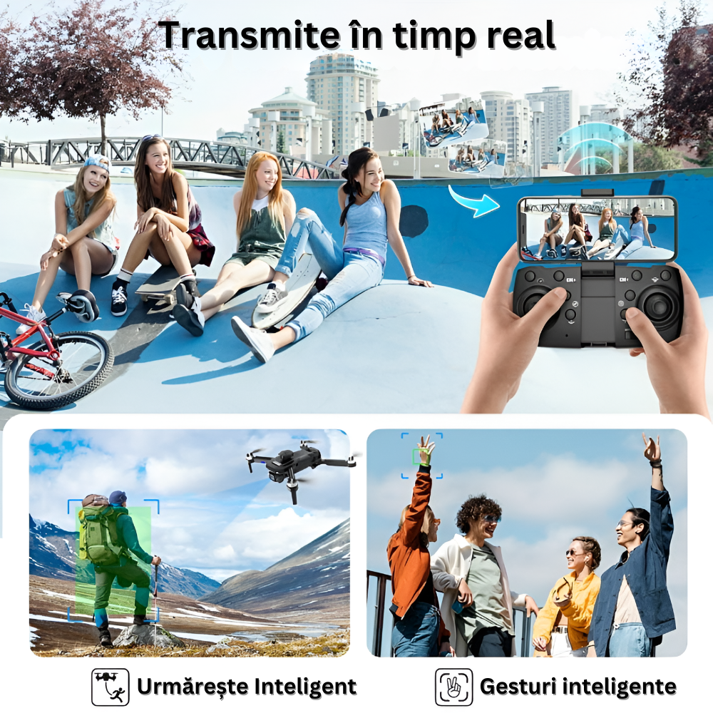 Drona cu Telecomanda F196, Camera Video, WiFi, Evitare Inteligenta a Obstacolelor, Mentinerea Altitudinii, Rotire 360°, Pliabila, Aplicatie Telefon Mobil, Incarcare USB, Geanta de Transport, 2 Baterii Incluse, Negru