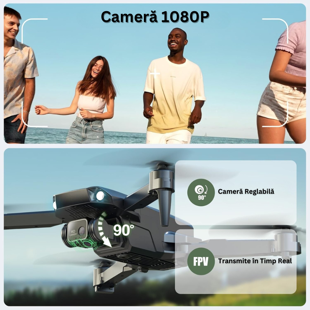 Drona cu Telecomanda HS290, Camera 1080P, Ajustabila 90°, WiFi, Pozitionare in Flux Optic, Mentinerea Altitudinii, Retur Automat, Rotire 360°, Autonomie 24 min, Pliabil, Aplicatie Telefon Mobil, Incarcare USB, 2 Baterii Incluse, Geanta