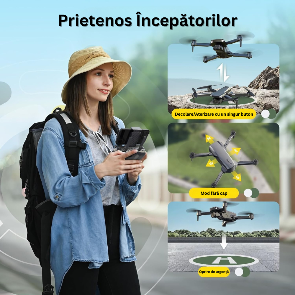 Drona cu Telecomanda HS290, Camera 1080P, Ajustabila 90°, WiFi, Pozitionare in Flux Optic, Mentinerea Altitudinii, Retur Automat, Rotire 360°, Autonomie 24 min, Pliabil, Aplicatie Telefon Mobil, Incarcare USB, 2 Baterii Incluse, Geanta