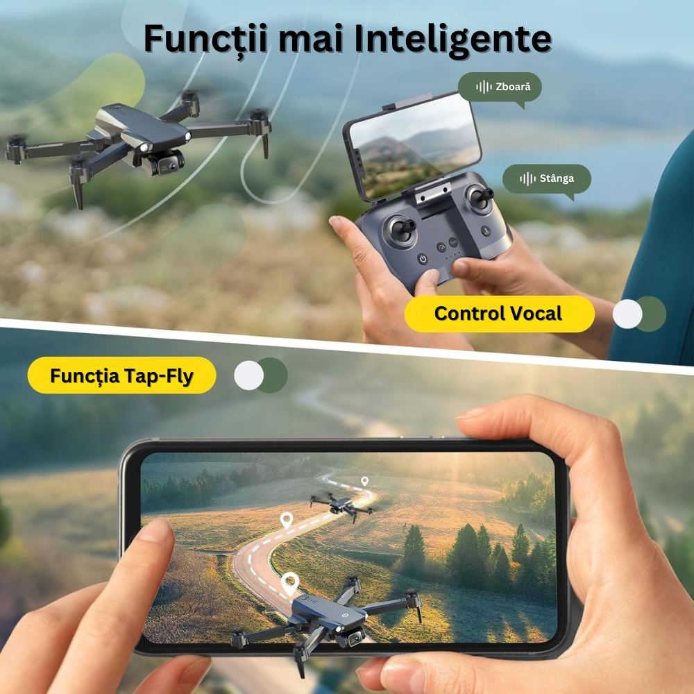 Drona cu Telecomanda HS290, Camera 1080P, Ajustabila 90°, WiFi, Pozitionare in Flux Optic, Mentinerea Altitudinii, Retur Automat, Rotire 360°, Autonomie 24 min, Pliabil, Aplicatie Telefon Mobil, Incarcare USB, 2 Baterii Incluse, Geanta