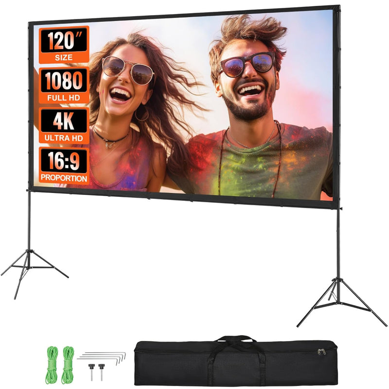 Ecran Proiectie cu Trepied 120 inch, 4K Ultra HD, 16:9, Unghi 160°, Portabil, Home Cinema, Prezentari, Interior/Exterior, Geanta Inclusa, Negru