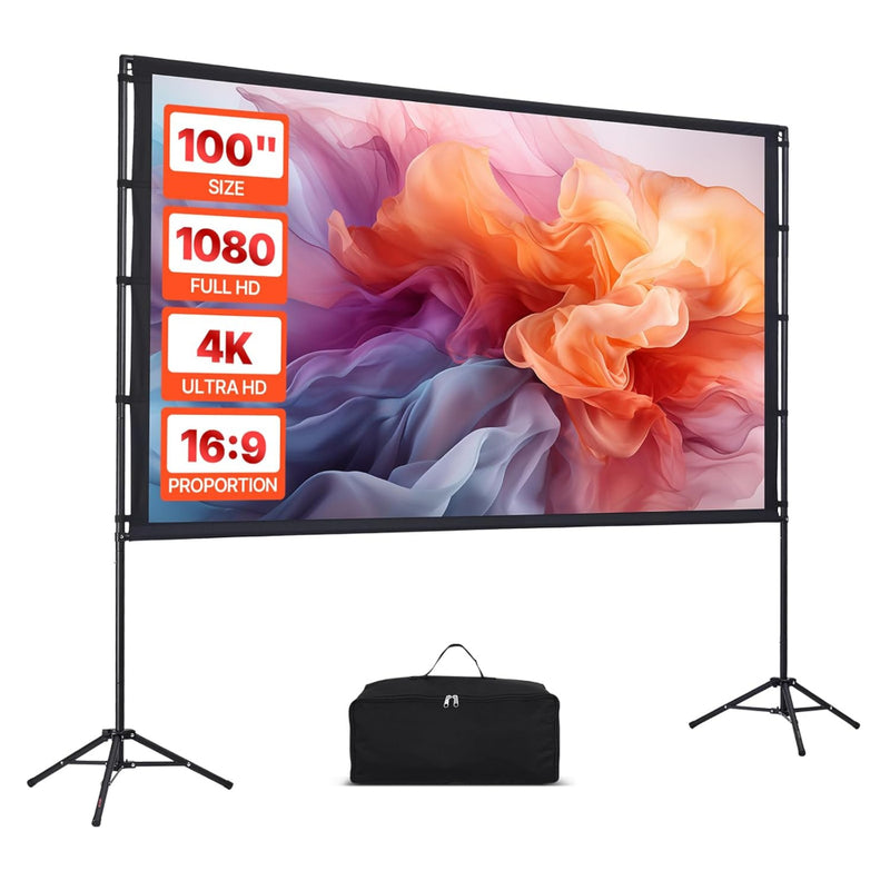 Ecran de Proiectie cu Trepied 100 inch, 4K Ultra HD, 16:9, Reglabil de la 128 la 220 cm Inaltime, Unghi de Vizualizare 160°, Potabil, Usor de Instalat, pentru Home Cinema, Prezentari, Interior/Exterior, Suport din Aluminiu, Geanta de Transport, Negru