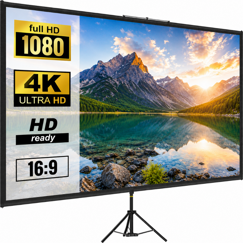 Ecran de Proiectie cu Trepied 100 inch, 4K Ultra HD, 16:9, Reglabil de la 200 la 250 cm Inaltime, Unghi de Vizualizare 160°, Usor de Instalat, pentru Home Cinema, Prezentari, Interior/Exterior, Portabil, Suport din Aluminiu, Negru