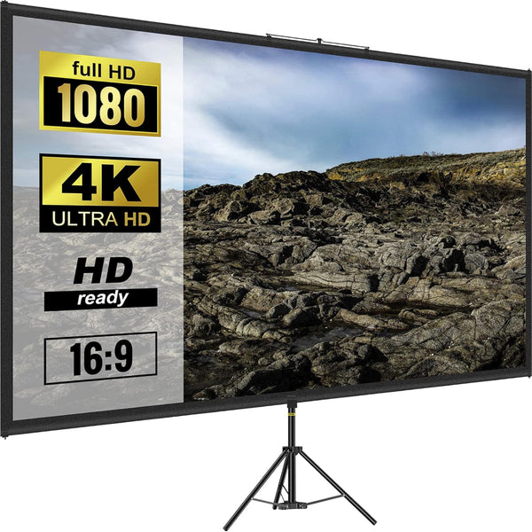 Ecran de Proiectie cu Trepied 70 inch, 4K Ultra HD, 16:9, Reglabil de la 200 la 250 cm Inaltime, Unghi de Vizualizare 160°, Potabil, Usor de Instalat, pentru Home Cinema, Prezentari, Interior/Exterior, Suport din Aluminiu, Negru