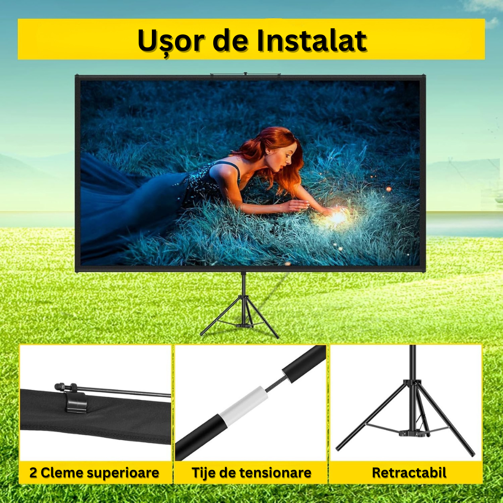 Ecran de Proiectie cu Trepied 70 inch, 4K Ultra HD, 16:9, Reglabil de la 200 la 250 cm Inaltime, Unghi de Vizualizare 160°, Potabil, Usor de Instalat, pentru Home Cinema, Prezentari, Interior/Exterior, Suport din Aluminiu, Negru