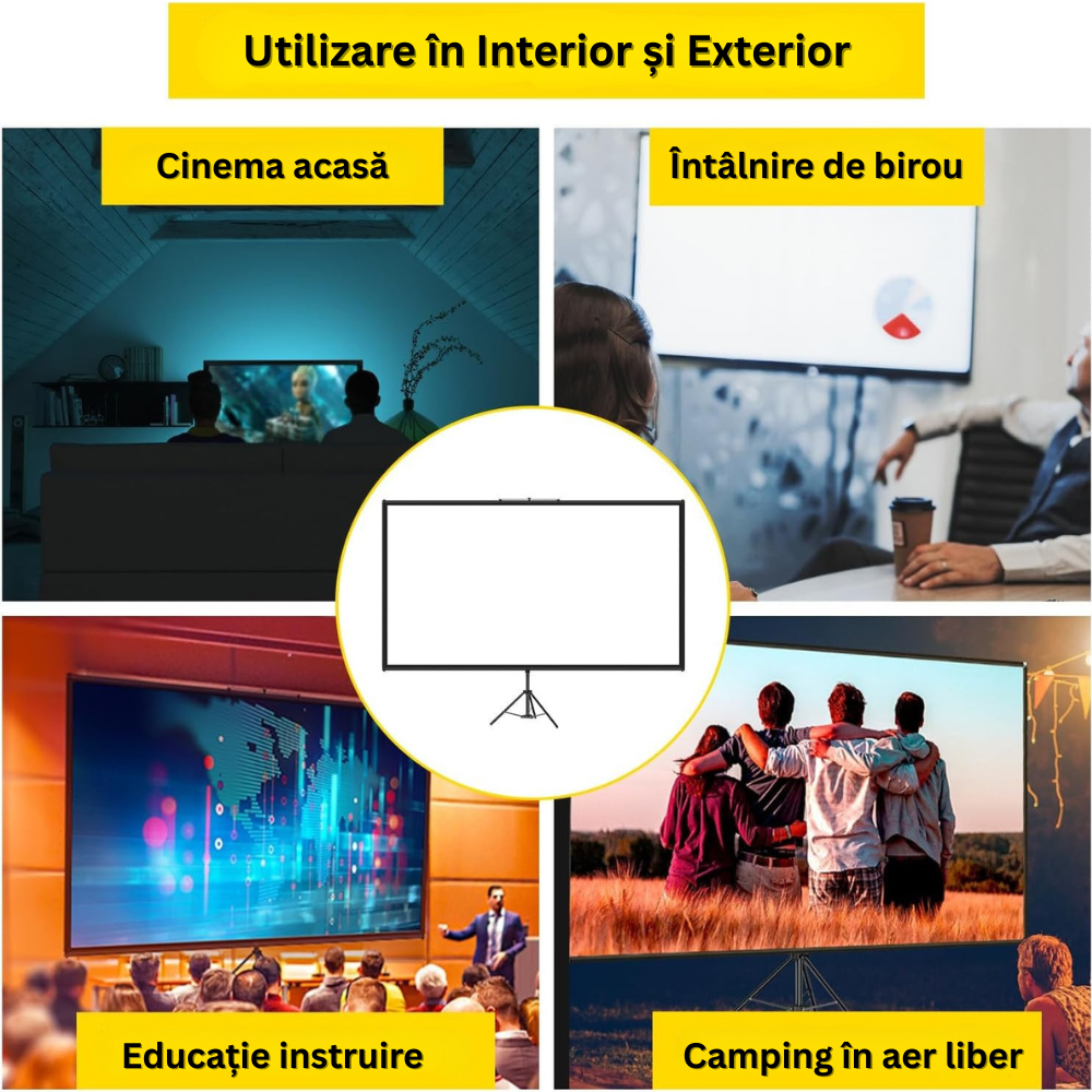 Ecran de Proiectie cu Trepied 70 inch, 4K Ultra HD, 16:9, Reglabil de la 200 la 250 cm Inaltime, Unghi de Vizualizare 160°, Potabil, Usor de Instalat, pentru Home Cinema, Prezentari, Interior/Exterior, Suport din Aluminiu, Negru