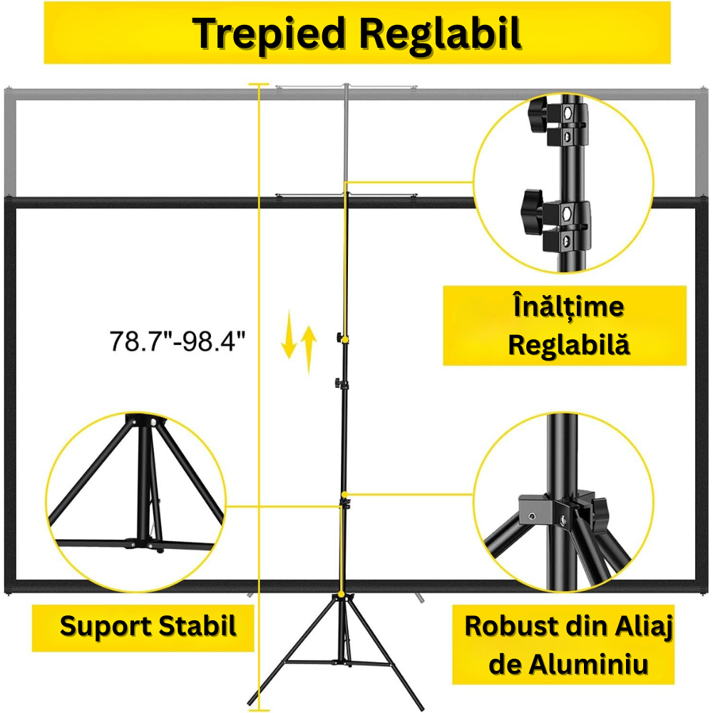 Ecran de Proiectie cu Trepied 70 inch, 4K Ultra HD, 16:9, Reglabil de la 200 la 250 cm Inaltime, Unghi de Vizualizare 160°, Potabil, Usor de Instalat, pentru Home Cinema, Prezentari, Interior/Exterior, Suport din Aluminiu, Negru