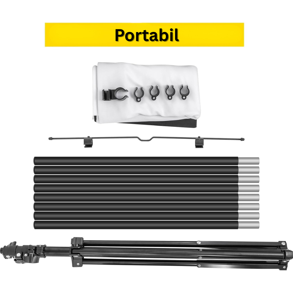 Ecran de Proiectie cu Trepied 70 inch, 4K Ultra HD, 16:9, Reglabil de la 200 la 250 cm Inaltime, Unghi de Vizualizare 160°, Potabil, Usor de Instalat, pentru Home Cinema, Prezentari, Interior/Exterior, Suport din Aluminiu, Negru