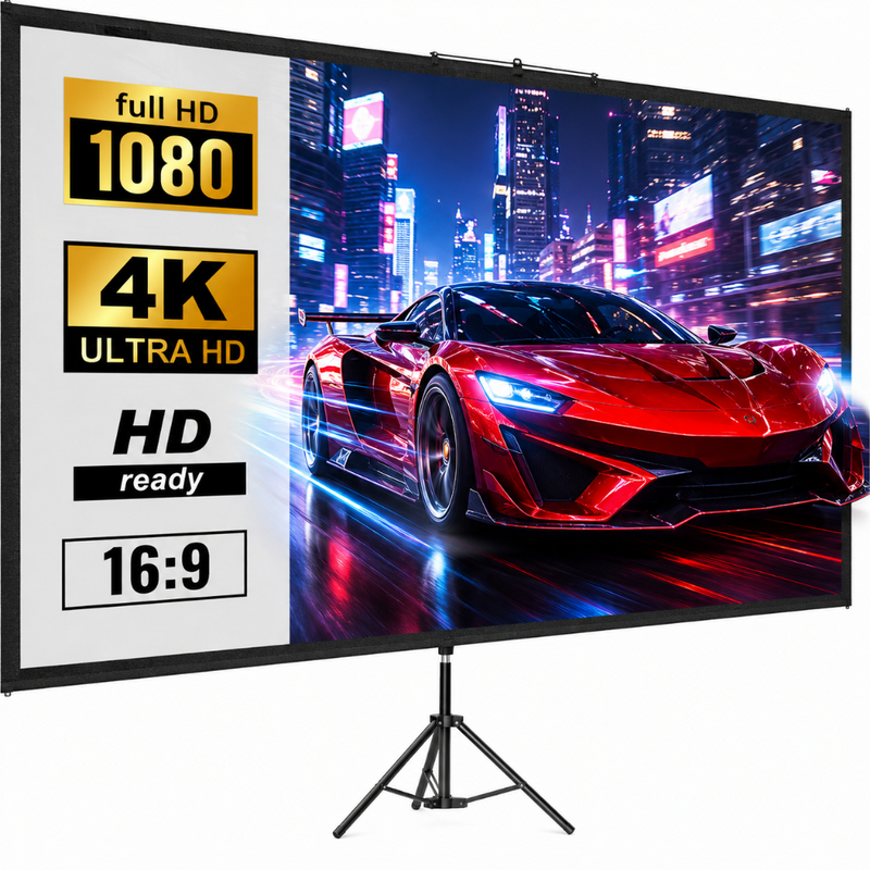 Ecran de Proiectie cu Trepied 80 Inch, 4K Ultra HD, Format 16:9, Inaltime Reglabila 200-250 cm, Unghi de Vizualizare 160°, Portabil, pentru Home Cinema, Prezentari, Evenimente, Interior si Exterior, Suport din Aluminiu, Negru