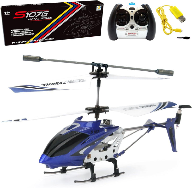 Elicopter cu Telecomanda S107G, Sistem de Stabilizare Giroscop, 3 Canale de Control, Elice Flexibile, Rezistent la Cazaturi si Vant, din Aluminiu/ABS, Incarcare USB, pentru Copii si Adulti, Albastru