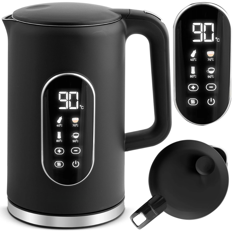 Fierbator Electric 1.7L, 2200W, Control Tactil, Afisaj LCD, Functie Pastrare Cald 2h, Control Temperatura, Baza Rotativa 360°, Oprire Automata, Anti-Picurare, Interior din Inox, Negru