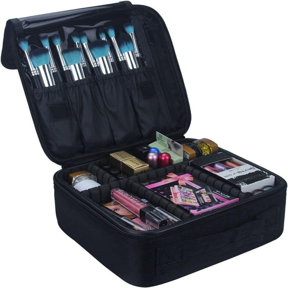 Geanta Organizatore Machiaj, pentru Depozitare Produse Cosmetice si Manichiura, Compartimente Ajustabile, Inchidere Fermoar Dublu, Impermeabila, Maner Transport, din Poliester Oxford 1680D, 26 x 22.5 x 9 cm, Negru