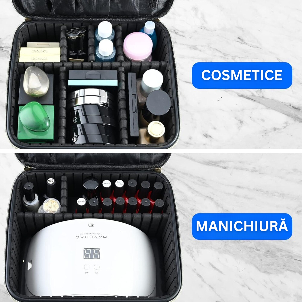 Geanta Organizatore Machiaj, pentru Depozitare Produse Cosmetice si Manichiura, Compartimente Ajustabile, Inchidere Fermoar Dublu, Impermeabila, Maner Transport, din Poliester Oxford 1680D, 26 x 22.5 x 9 cm, Negru