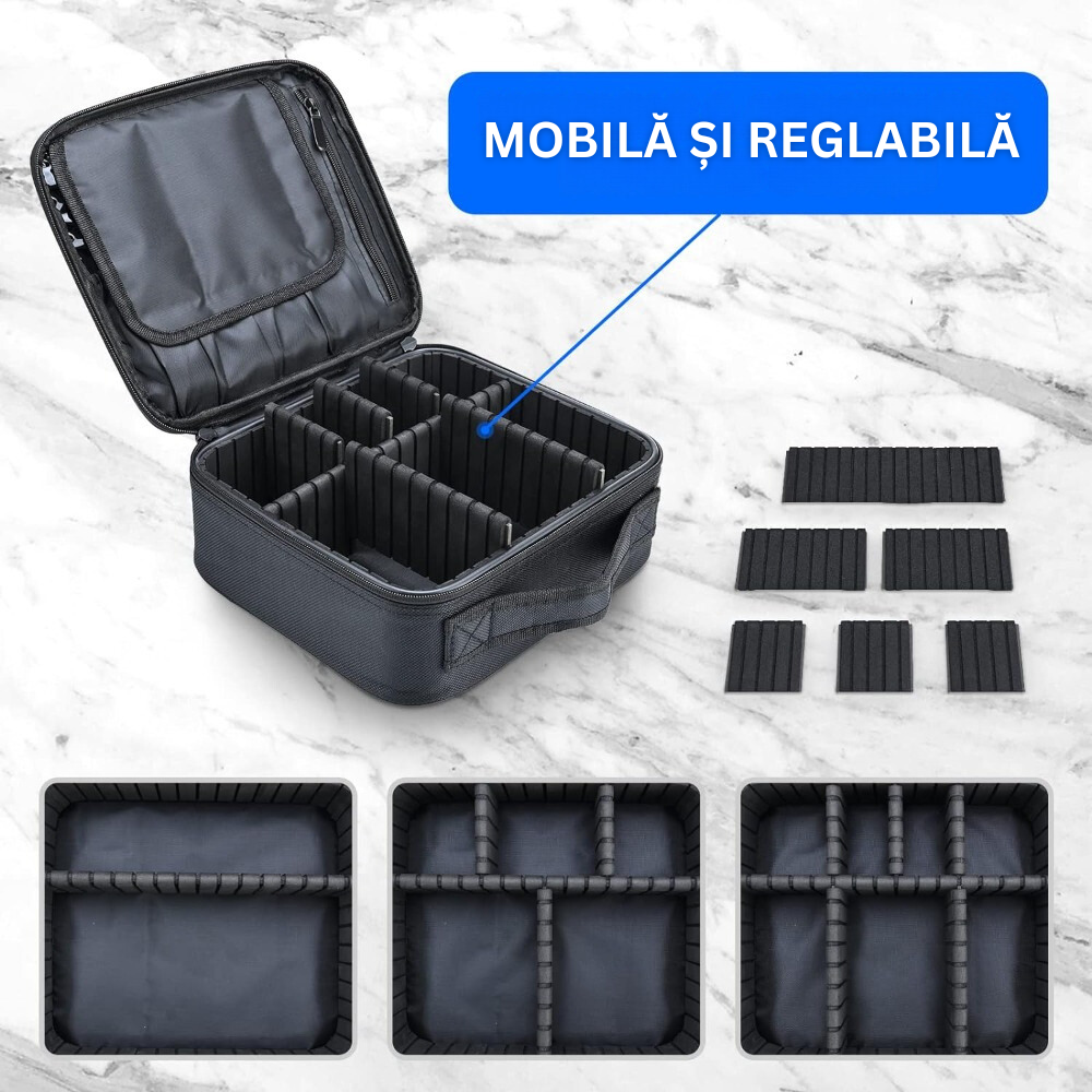 Geanta Organizatore Machiaj, pentru Depozitare Produse Cosmetice si Manichiura, Compartimente Ajustabile, Inchidere Fermoar Dublu, Impermeabila, Maner Transport, din Poliester Oxford 1680D, 26 x 22.5 x 9 cm, Negru
