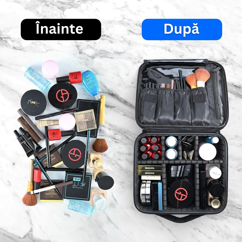 Geanta Organizatore Machiaj, pentru Depozitare Produse Cosmetice si Manichiura, Compartimente Ajustabile, Inchidere Fermoar Dublu, Impermeabila, Maner Transport, din Poliester Oxford 1680D, 26 x 22.5 x 9 cm, Negru