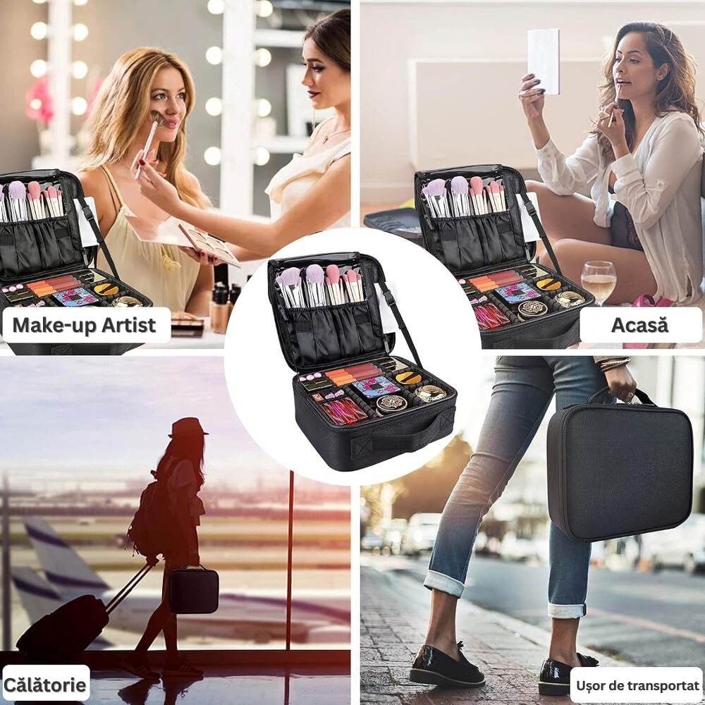 Geanta Organizatore Machiaj, pentru Depozitare Produse Cosmetice si Manichiura, Compartimente Ajustabile, Inchidere Fermoar Dublu, Impermeabila, Maner Transport, din Poliester Oxford 1680D, 26 x 22.5 x 9 cm, Negru