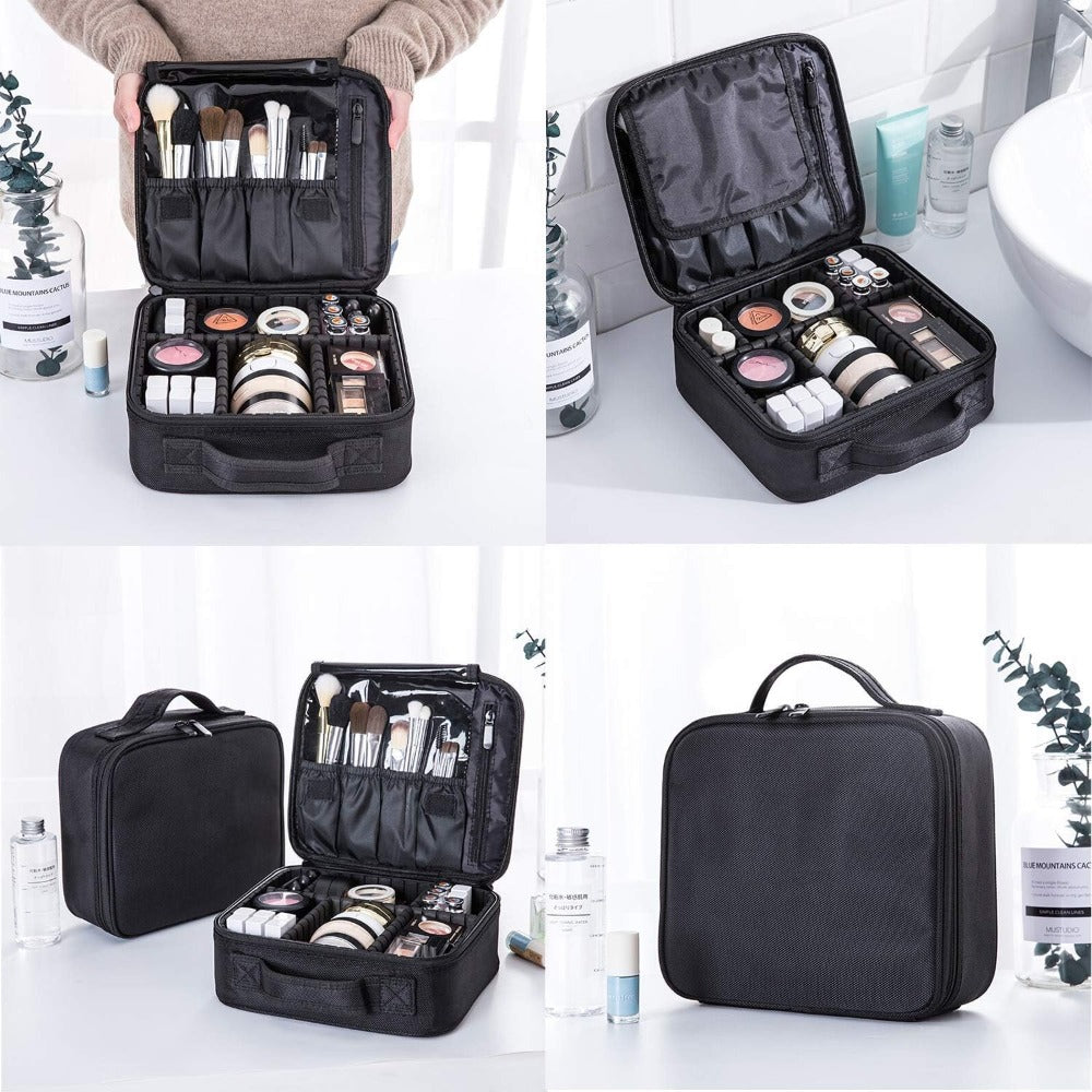 Geanta Organizatore Machiaj, pentru Depozitare Produse Cosmetice si Manichiura, Compartimente Ajustabile, Inchidere Fermoar Dublu, Impermeabila, Maner Transport, din Poliester Oxford 1680D, 26 x 22.5 x 9 cm, Negru