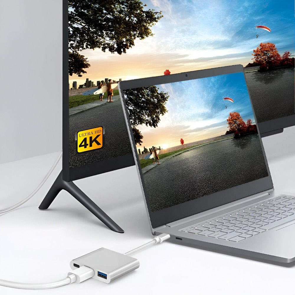Hub Adaptor Multiport 3 in 1, USB-C, USB 3.1, HDMI 4K, Plug&Play, 10 Gbps, Chipset 1.4 Suport 3D, Docking Station pentru Laptop, MacBook Air/Pro, Chromebook, Tableta, Portabil, din Aluminiu, Cablu 15 cm, Gri