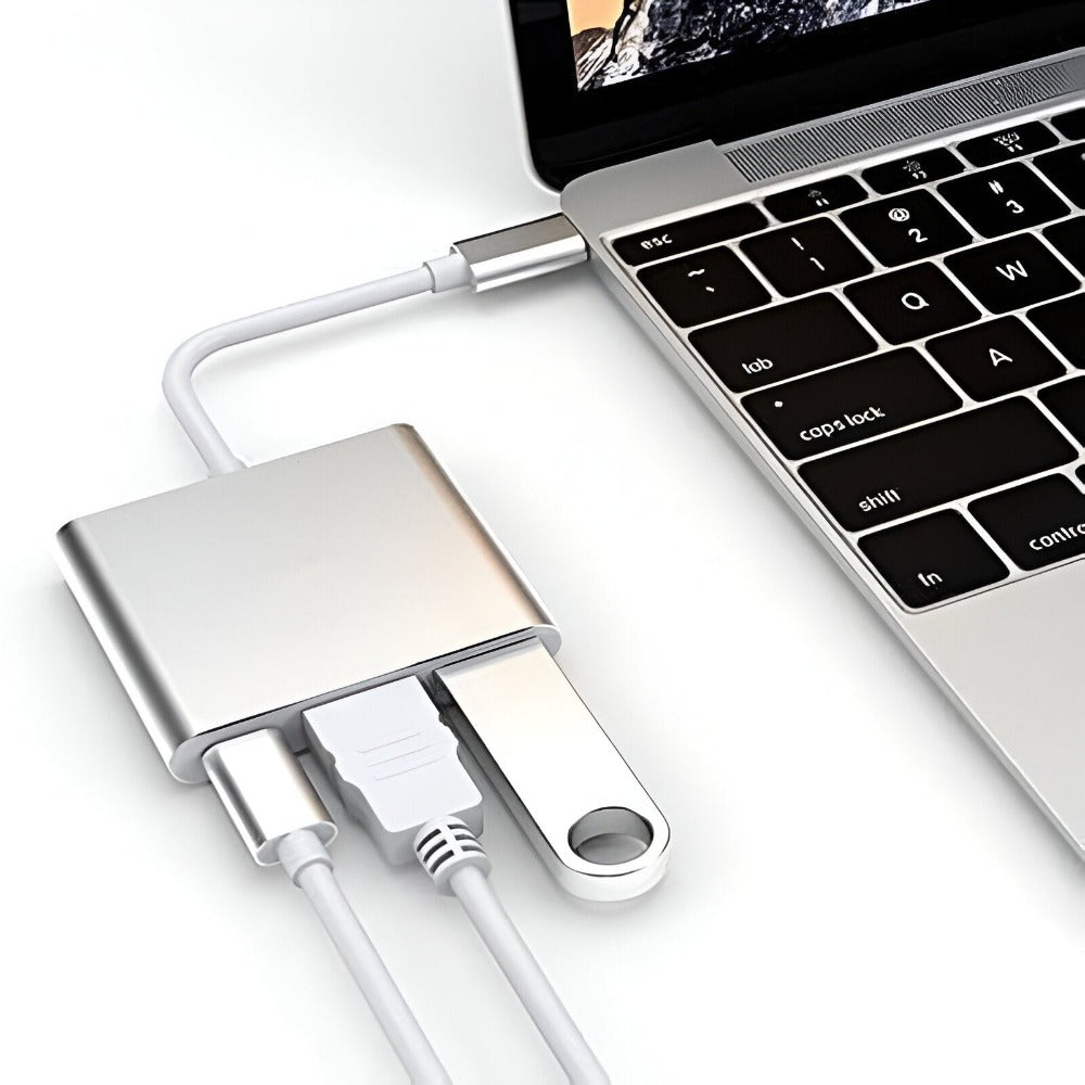 Hub Adaptor Multiport 3 in 1, USB-C, USB 3.1, HDMI 4K, Plug&Play, 10 Gbps, Chipset 1.4 Suport 3D, Docking Station pentru Laptop, MacBook Air/Pro, Chromebook, Tableta, Portabil, din Aluminiu, Cablu 15 cm, Gri