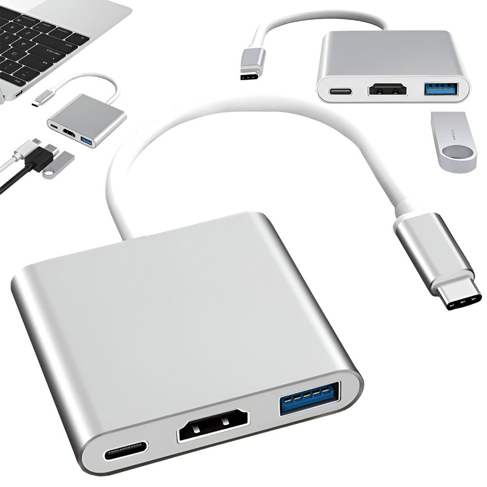 Hub Adaptor Multiport 3 in 1, USB-C, USB 3.1, HDMI 4K, Plug&Play, 10 Gbps, Chipset 1.4 Suport 3D, Docking Station pentru Laptop, MacBook Air/Pro, Chromebook, Tableta, Portabil, din Aluminiu, Cablu 15 cm, Gri