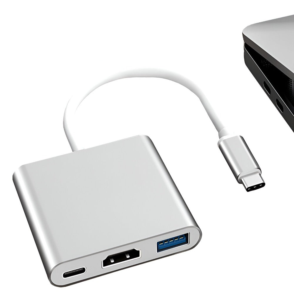 Hub Adaptor Multiport 3 in 1, USB-C, USB 3.1, HDMI 4K, Plug&Play, 10 Gbps, Chipset 1.4 Suport 3D, Docking Station pentru Laptop, MacBook Air/Pro, Chromebook, Tableta, Portabil, din Aluminiu, Cablu 15 cm, Gri