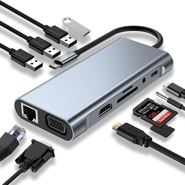Hub Adaptor Multiport 11 in 1 USB-C, 4 x USB-A, 1 x HDMI 4K/30 Hz, 1 x USB-C, 1 x VGA, 1 x RJ45 Ethernet, Power Delivery Port 87W, Audio Jack, Cititor de Carduri SD/Micro SD, Docking Station pentru Laptop, MacBook Air/Pro, Chromebook, Tableta